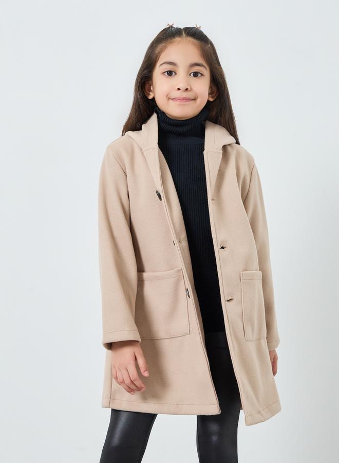 Styli Girls Hooded Coat with Buttons - Image 1